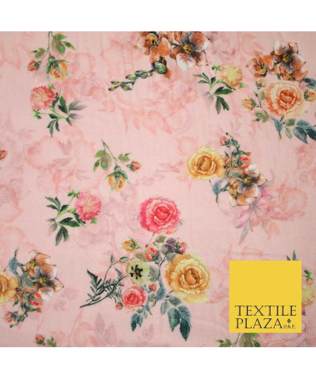 Baby Pink Floral Printed Soft Micro Velvet Velour Non Stretch Fabric Dress 5174