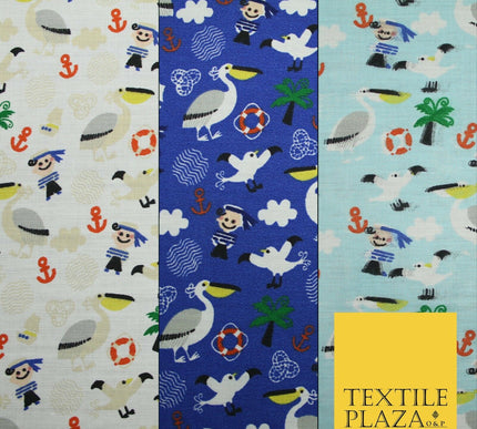 Pirate Kids Pelican Bird Sailor Sea Anchor Nautical Printed Polycotton Fabric44"
