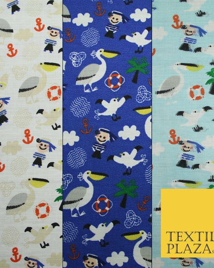 Pirate Kids Pelican Bird Sailor Sea Anchor Nautical Printed Polycotton Fabric44"