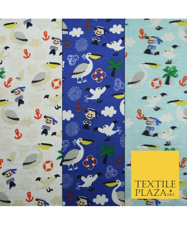 Pirate Kids Pelican Bird Sailor Sea Anchor Nautical Printed Polycotton Fabric44"