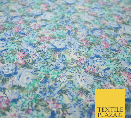 Blue Pink Floral Rose Sketch Printed Polycotton Fabric Dress Craft 44" 5171