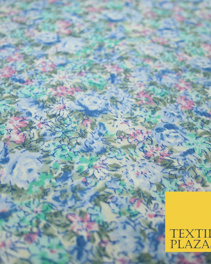 Blue Pink Floral Rose Sketch Printed Polycotton Fabric Dress Craft 44" 5171