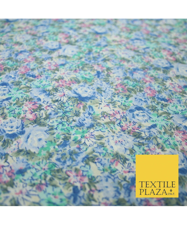 Blue Pink Floral Rose Sketch Printed Polycotton Fabric Dress Craft 44" 5171