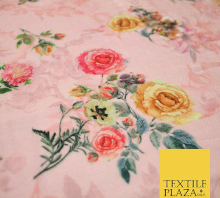 Baby Pink Floral Printed Soft Micro Velvet Velour Non Stretch Fabric Dress 5174