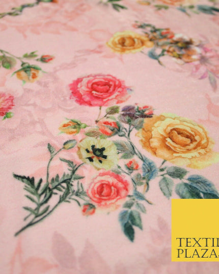 Baby Pink Floral Printed Soft Micro Velvet Velour Non Stretch Fabric Dress 5174