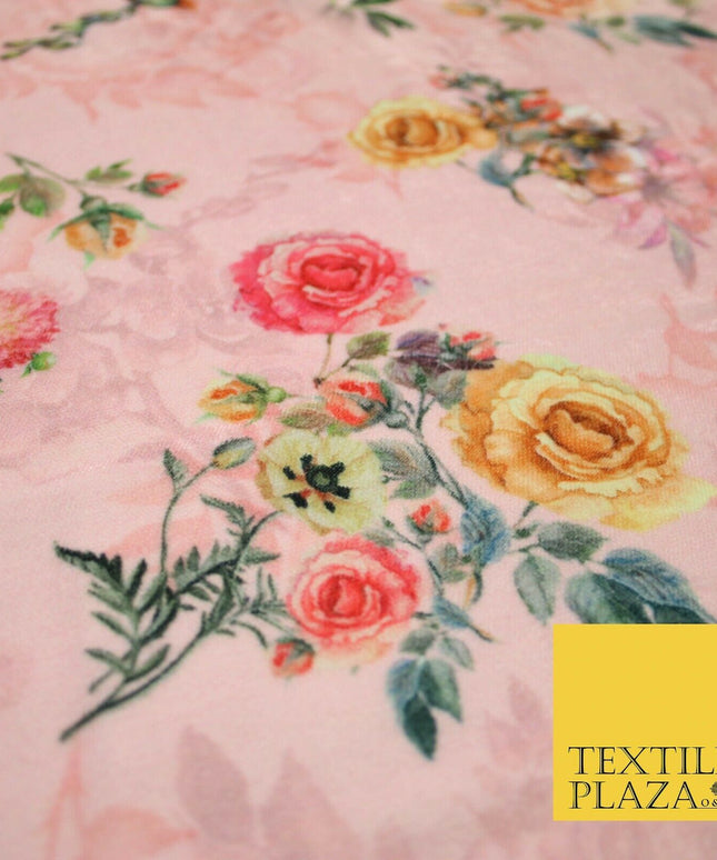 Baby Pink Floral Printed Soft Micro Velvet Velour Non Stretch Fabric Dress 5174