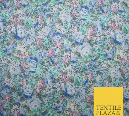 Blue Pink Floral Rose Sketch Printed Polycotton Fabric Dress Craft 44" 5171