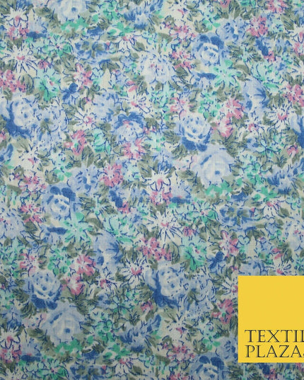 Blue Pink Floral Rose Sketch Printed Polycotton Fabric Dress Craft 44" 5171