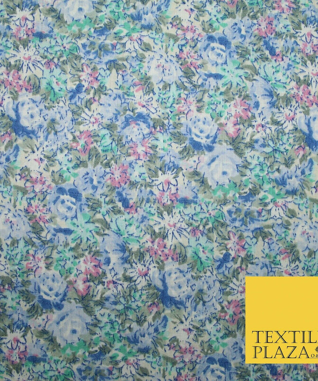 Blue Pink Floral Rose Sketch Printed Polycotton Fabric Dress Craft 44" 5171