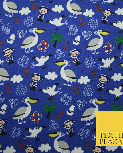 Pirate Kids Pelican Bird Sailor Sea Anchor Nautical Printed Polycotton Fabric44"