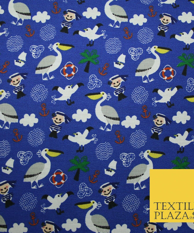 Pirate Kids Pelican Bird Sailor Sea Anchor Nautical Printed Polycotton Fabric44"