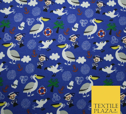 Pirate Kids Pelican Bird Sailor Sea Anchor Nautical Printed Polycotton Fabric44"