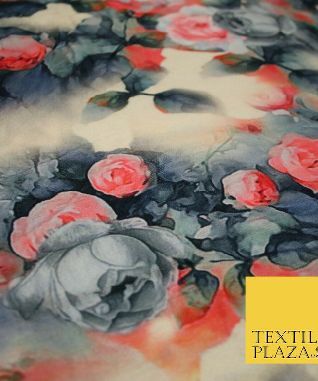 Vintage Floral Roses Printed Soft Micro Velvet Velour Non Stretch Fabric 5175
