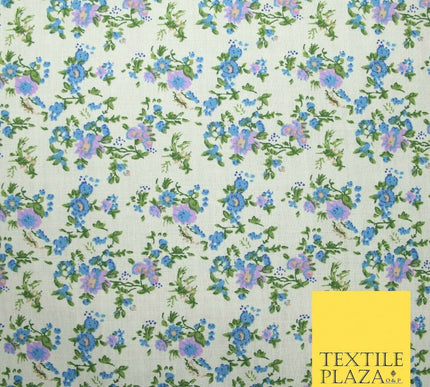 Ivory Blue Purple Mini Floral Printed Polycotton Fabric Dress Craft 44" 5168