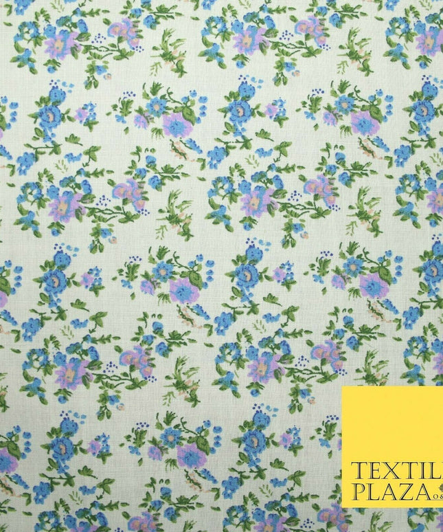 Ivory Blue Purple Mini Floral Printed Polycotton Fabric Dress Craft 44" 5168