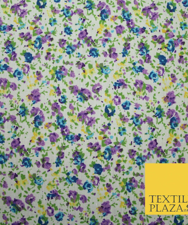 Ivory Mini Watercolour Floral Ditsy Printed Polycotton Fabric Dress Craft 44"