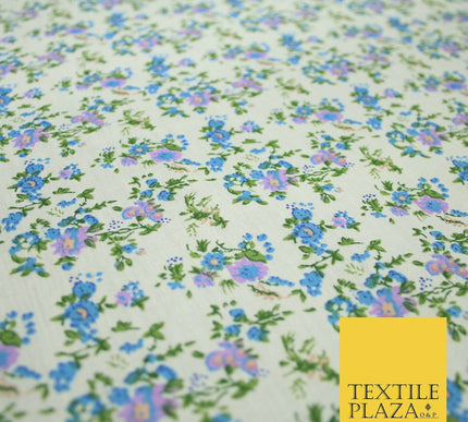 Ivory Blue Purple Mini Floral Printed Polycotton Fabric Dress Craft 44" 5168