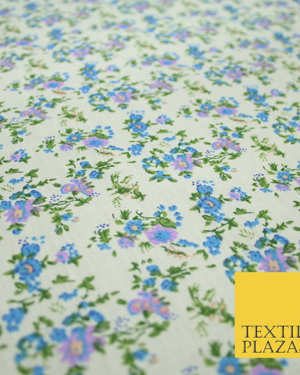 Ivory Blue Purple Mini Floral Printed Polycotton Fabric Dress Craft 44" 5168