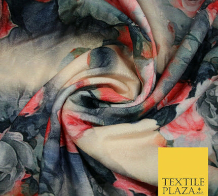 Vintage Floral Roses Printed Soft Micro Velvet Velour Non Stretch Fabric 5175