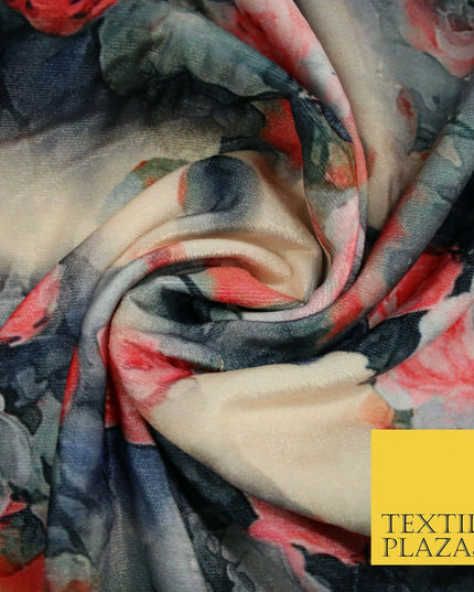 Vintage Floral Roses Printed Soft Micro Velvet Velour Non Stretch Fabric 5175