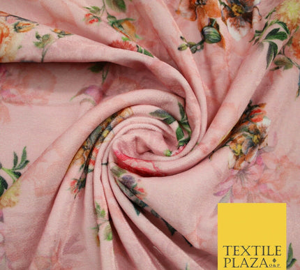 Baby Pink Floral Printed Soft Micro Velvet Velour Non Stretch Fabric Dress 5174