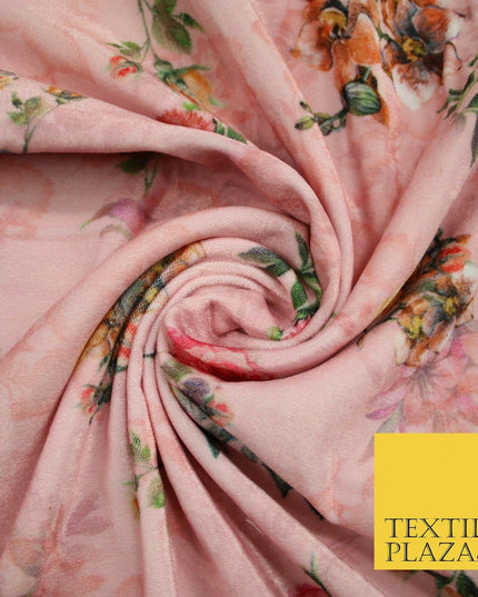Baby Pink Floral Printed Soft Micro Velvet Velour Non Stretch Fabric Dress 5174