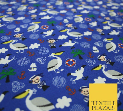 Pirate Kids Pelican Bird Sailor Sea Anchor Nautical Printed Polycotton Fabric44"