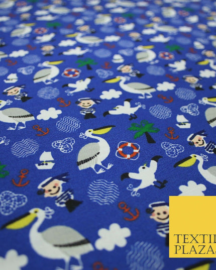 Pirate Kids Pelican Bird Sailor Sea Anchor Nautical Printed Polycotton Fabric44"