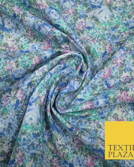 Blue Pink Floral Rose Sketch Printed Polycotton Fabric Dress Craft 44" 5171