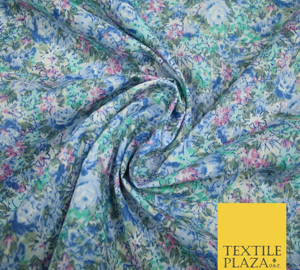 Blue Pink Floral Rose Sketch Printed Polycotton Fabric Dress Craft 44" 5171