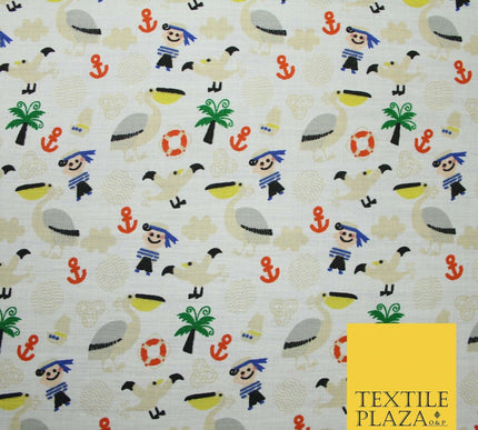 Pirate Kids Pelican Bird Sailor Sea Anchor Nautical Printed Polycotton Fabric44"