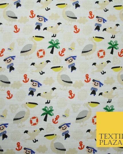 Pirate Kids Pelican Bird Sailor Sea Anchor Nautical Printed Polycotton Fabric44"