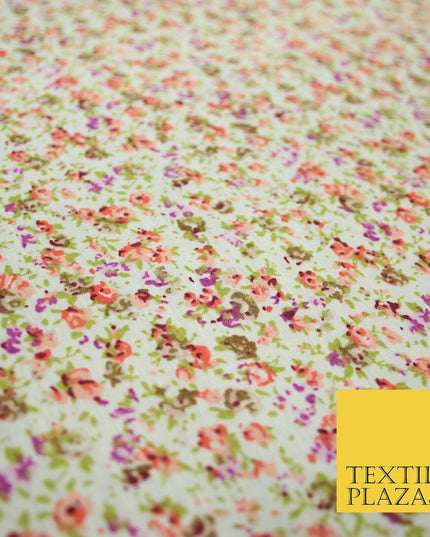 Ivory Mini Watercolour Floral Ditsy Printed Polycotton Fabric Dress Craft 44"