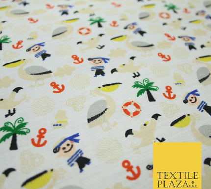 Pirate Kids Pelican Bird Sailor Sea Anchor Nautical Printed Polycotton Fabric44"