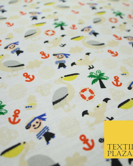 Pirate Kids Pelican Bird Sailor Sea Anchor Nautical Printed Polycotton Fabric44"