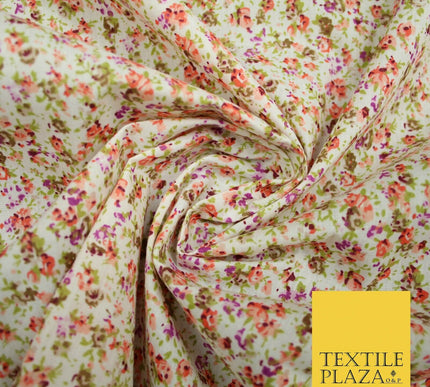 Ivory Mini Watercolour Floral Ditsy Printed Polycotton Fabric Dress Craft 44"