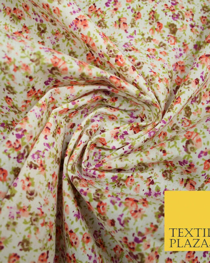 Ivory Mini Watercolour Floral Ditsy Printed Polycotton Fabric Dress Craft 44"