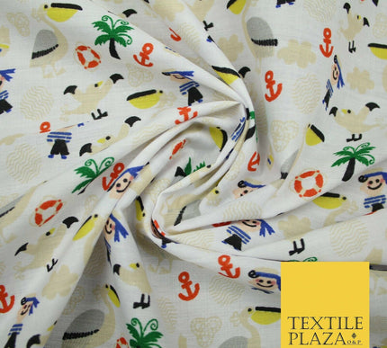 Pirate Kids Pelican Bird Sailor Sea Anchor Nautical Printed Polycotton Fabric44"