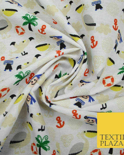 Pirate Kids Pelican Bird Sailor Sea Anchor Nautical Printed Polycotton Fabric44"