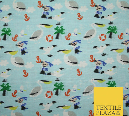 Pirate Kids Pelican Bird Sailor Sea Anchor Nautical Printed Polycotton Fabric44"