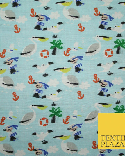 Pirate Kids Pelican Bird Sailor Sea Anchor Nautical Printed Polycotton Fabric44"