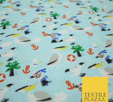 Pirate Kids Pelican Bird Sailor Sea Anchor Nautical Printed Polycotton Fabric44"