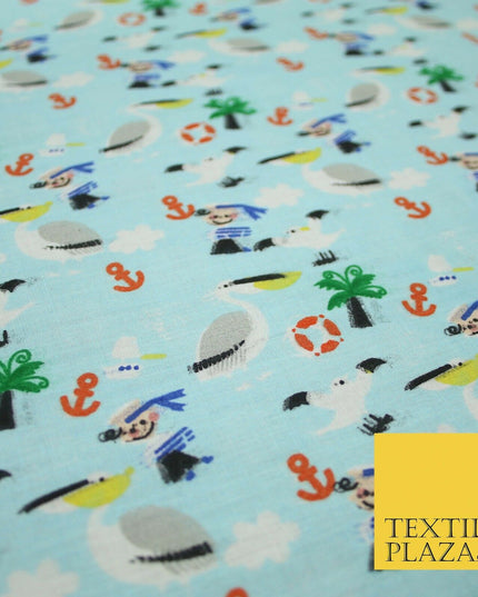 Pirate Kids Pelican Bird Sailor Sea Anchor Nautical Printed Polycotton Fabric44"