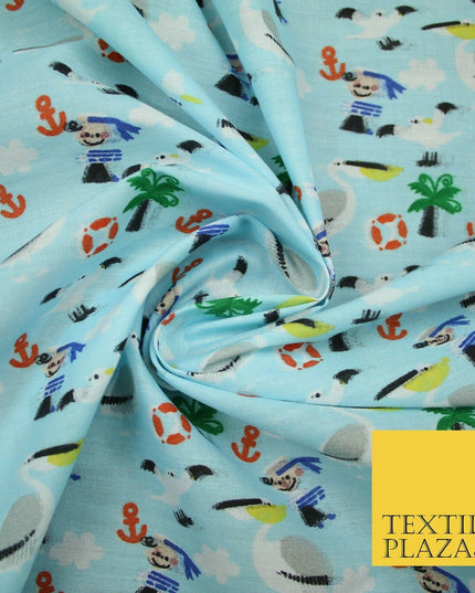 Pirate Kids Pelican Bird Sailor Sea Anchor Nautical Printed Polycotton Fabric44"
