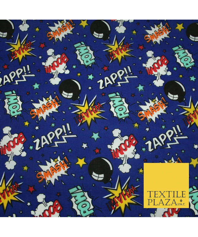 Royal Blue Comic ZAPP POW BOOM Printed Polycotton Dress Craft Fabric 44" 5231