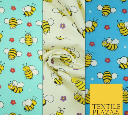 Happy Busy Bumble Bees Printed Polycotton Dress Craft Fabric Kids 44" 3 COLOURS