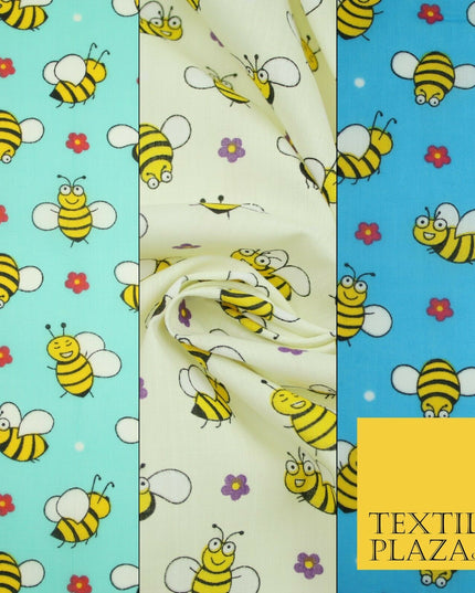 Happy Busy Bumble Bees Printed Polycotton Dress Craft Fabric Kids 44" 3 COLOURS