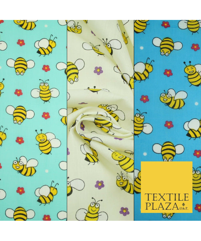 Happy Busy Bumble Bees Printed Polycotton Dress Craft Fabric Kids 44" 3 COLOURS
