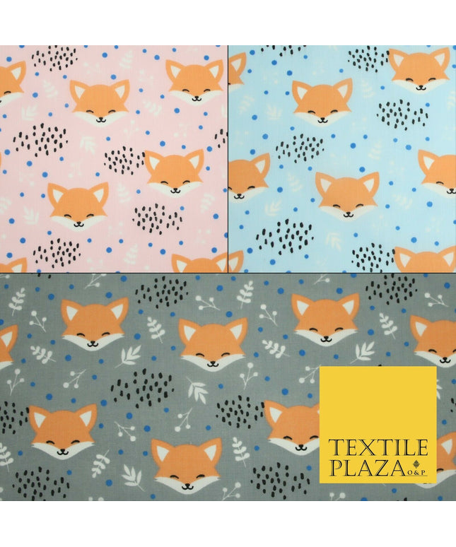Cheeky Foxes Animals Leaves Printed Polycotton Dress Craft Fabric 44" 3 COLOURS