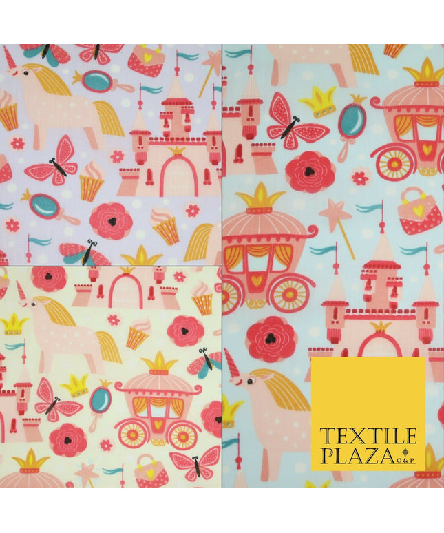 Unicorn Girly Princess Castle Printed Polycotton Dress Craft Fabric 44" 3COLOURS
